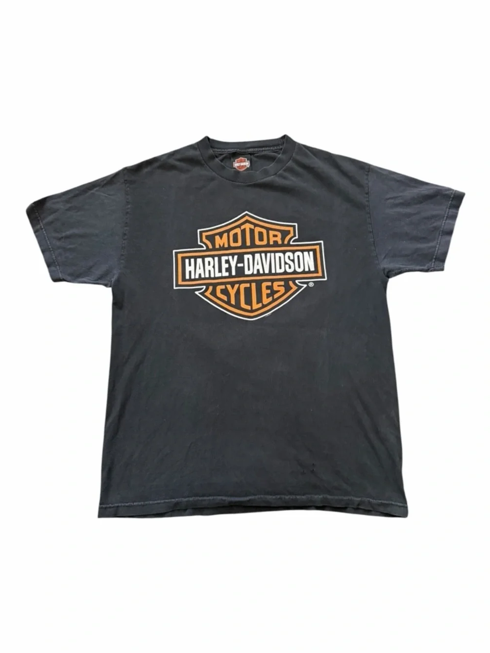 Harley-Davidson Black Tee with Orange & White Shield Logo Graphic T Shirt Large